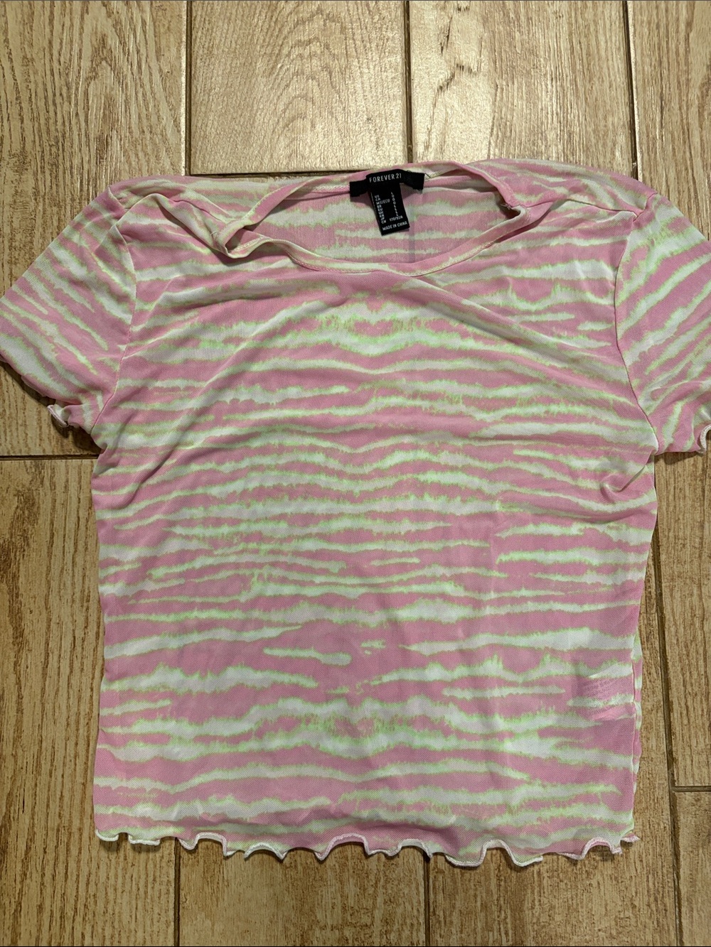 Forever 21 Pink and Light Green Striped Short Sleeve Tee